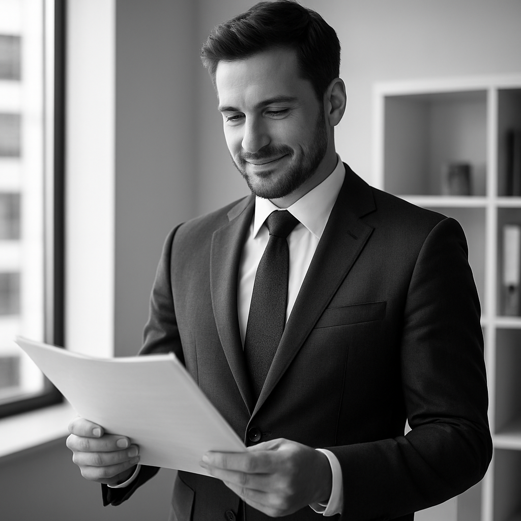 Olney-Fraser lawyer reviewing documents in a modern office