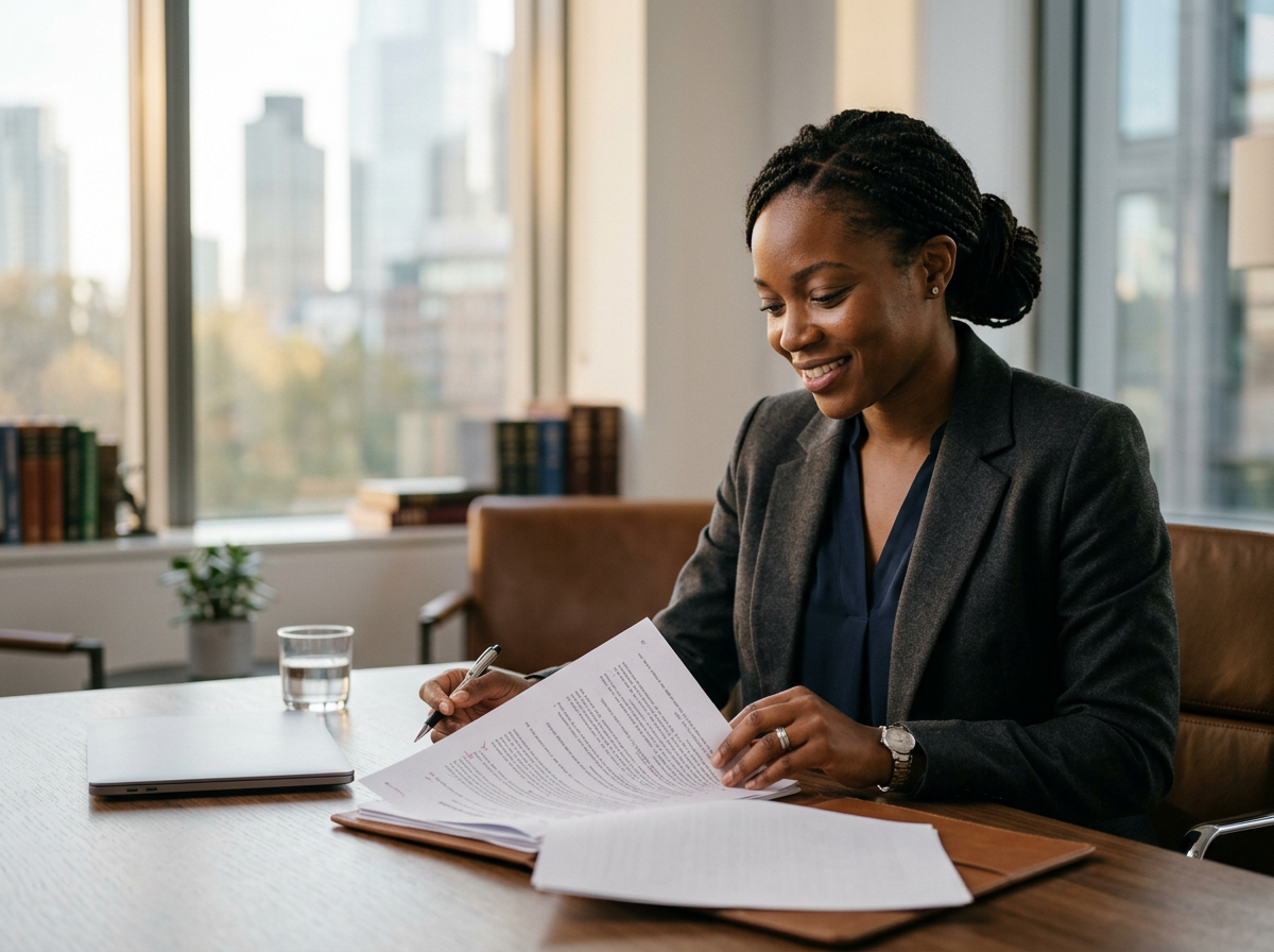 A woman lawyer reviewing a legal document in her office